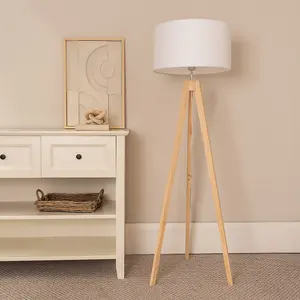 ValueLights Jackson Natural Wood Tripod Floor Lamp with White Fabric Lamp Shade