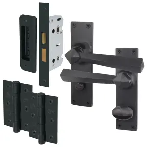 AFIT Black Iron Bathroom Door Handle Set - 1 Pair Black Antique Internal Handle, Hinges (76mm) & Lock (64mm) - Tudor Range