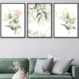 Set of 3 Pink Watercolour Rose Bouquets Wall Art Prints / 50x70cm / Black Frame