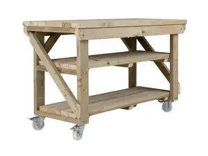 Indoor/outdoor workbench pressure treated station (H-90cm, D-64cm, L-90cm) double shelf and wheels