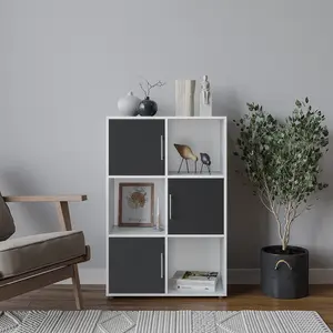 URBNLIVING 91cm Height 6 Cube Bookcase White Wood Black Door Metal Handle Display Storage Shelf