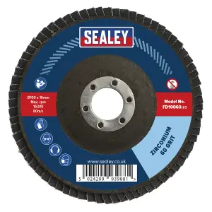 Sealey Flap Disc Zirconium 100mm 16mm Bore 60 Grit Abrasive Flaps FD10060