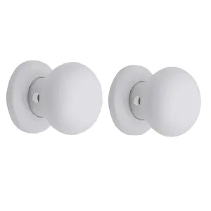 White Painted Wood Round Door knob (Dia)56.55mm, Pair