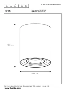 Lucide Tube Modern Surface Mounted Ceiling Spotlight 9,6cm - 1xGU10 - White