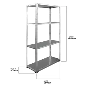 RB BOSS Garage Shelving Unit 4 Shelf Bolted Galvanised Steel Garden Shed Storage (H)1450mm (W)750mm (D)300mm