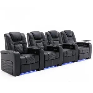 Broadway 4 Seater Electric Recliner Cinema Sofa USB Charging Led Base With Tray (Black w White Stitching)