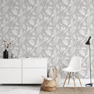 Muriva Grey Tropical Pearl effect Embossed Wallpaper