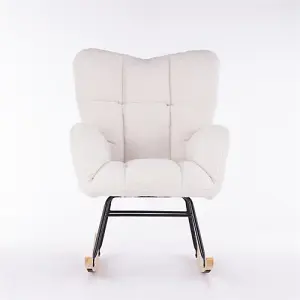 Mid Century Modern Teddy Fabric Tufted Upholstered Rocking Chair Padded Seat For Living Room Bedroom, Ivory White