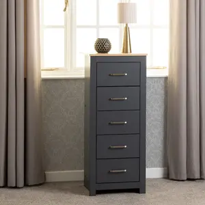 Portland 5 Drawer Narrow Chest in Grey with Oak Effect Finish