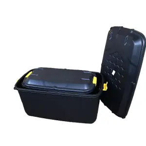 1 x 145L AND 1 x 75L Heavy Duty Trunks on Wheels Sturdy, Lockable, Stackable and Nestable Design Storage Chest with Clips in Black