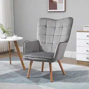 HOMCOM Accent Chair Velvet-Touch Tufted Wingback Armchair, Grey