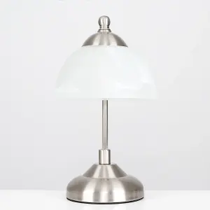 ValueLights Stamford Pair of Curved Brushed Chrome and Frosted Glass Bedside Table Lamps