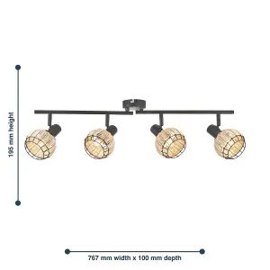 First Choice Lighting Set of 2 Goa Black and Natural Rattan 4 Light Ceiling Spotlight Bars