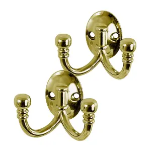 5 x Double Coat Hooks Polished Brass, Metal Ball End, Door Robe & Dress Hangers