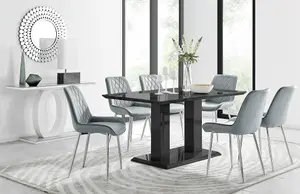 Imperia Black High Gloss 6 Seater Dining Table with Structural 2 Plinth Column Legs 6 Grey Velvet Silver Leg Pesaro Chairs