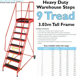 9 Tread HEAVY DUTY Mobile Warehouse Stairs Anti Slip Steps 3.03m Safety Ladder