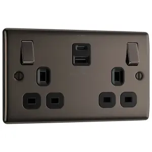 BG Black Nickel Double 13A 22W Raised slim Switched Screwed Socket with USB, x2 & Black inserts