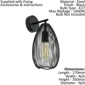 2 PACK LED Wall Light / Sconce Black Steel Wire Cage Shade 1x 60W E27 Bulb