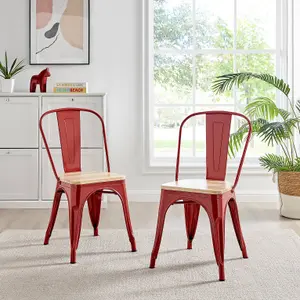 Furniturebox Set of 2 Red Colton Tolix Style Stackable Industrial Metal Dining Chair With Pine Seat