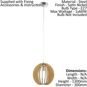 Pendant Ceiling Light Colour Satin Nickel Shade Maple Wood Small Bulb E27 1x60W