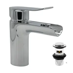 Waterfall Basin Mixer Tap, Round Chrome Sink Faucet with Push Waste Plug