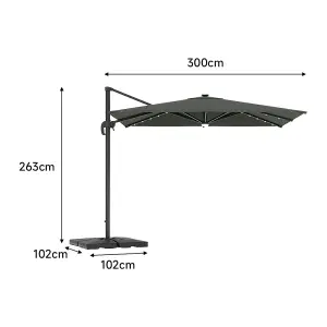 3M Square Cantilever Parasol with Solar Light and Parasol Base