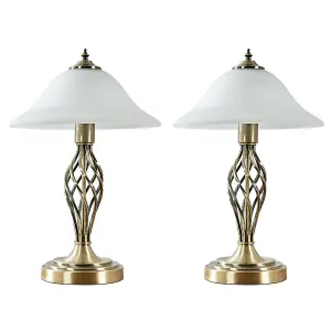 ValueLights Memphis 2 x Style Antique Brass Barley Twist Table Lamps with Frosted Alabaster Shades and LED GLS Light Bulbs