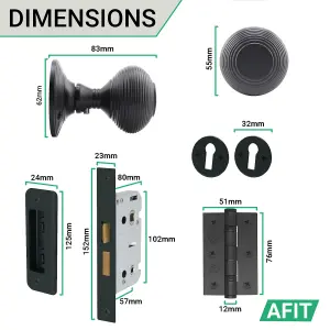 AFIT Beehive Reeded Black Key Lock Door Knob Set - 1 Pair Matt Black Mortice Knobs (55mm), Sash Lock (80mm) & Hinges (76mm)