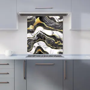 Black And Gold Marble Effect Premium Glass Kitchen Splashback W900mm x H650mm