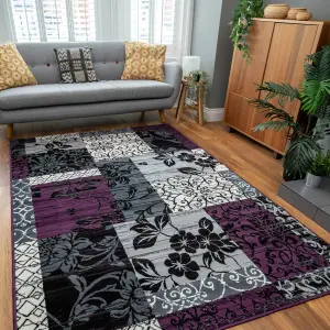 Purple Black Grey Floral Patchwork Living Room Rug 120x170cm