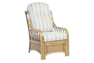 Desser Vale Light Oak Natural Rattan Conservatory Armchair Real Cane Indoor Wicker Chair w/ UK Sewn Cushion in Linen Taupe Fabric