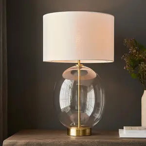 Luminosa Lecce Complete Table Lamp, Satin Brass Plate, Glass With Vintage White Fabric