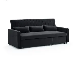 Devon 3 Seater Storage Chaise Pull Out Fabric Black Velvet Sofa bed