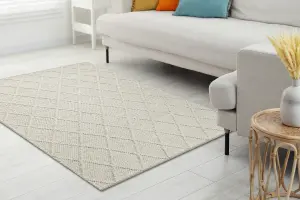 Wool carpet TAHAR 99001C beige - HAND-WOVEN loop, rhombus, boho 160x240 cm