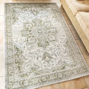 Green Traditional Floral Medallion Bedroom Living Area Rug 190x280cm