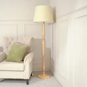 ValueLights Victoria Traditional Light Wood Candlestick Floor Lamp with Beige Tapered Shade - LED Bulb Included