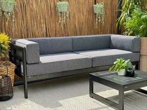 3 Seater Garden Sofa Black Wooden Garden Furniture Sofa with Comfy Grey Cushions - Cori