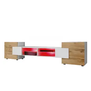 Bridge Wide TV Unit with Storage & Led Lighting - Wotan Oak / White Matt