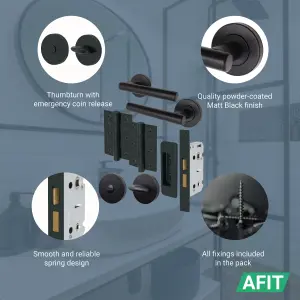 AFIT Matt Black Bathroom Door Handle Set - Pack of 2 - Turn & Release, Lock & Hinges (76mm) Olvera Range