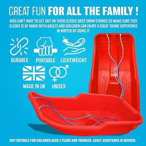 Set of 2 Kids Heavy Duty Red Snow Sledges - For Kids and Adults, Winter Toboggan Sleigh Sled With Rope