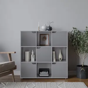 URBNLIVING 9 Cube Grey Wooden Bookcase Shelving Display Shelves Storage Unit Wood Shelf Grey Door