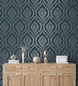 Crown Estelle Damask Navy Wallpaper M1758