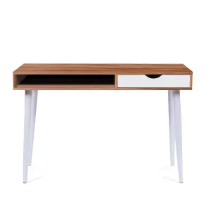 Nautilus Designs Walnut Computer Desk with White Legs, Drawer & Open Storage Compartment