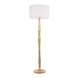 ValueLights Victoria Traditional Light Wood Candlestick Floor Lamp with White Drum Shade - LED Bulb Included