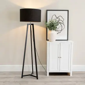 ValueLights Lottie Black Wood Tripod Floor Lamp with Black Drum Shade - LED Bulb Included