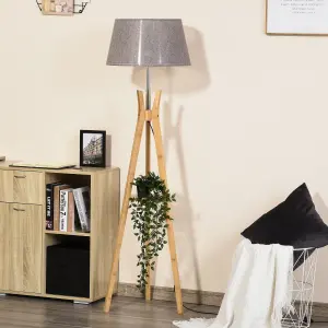 HOMCOM Tripod Floor Lamp Light E27 Base w/ Fabric Shade Storage Shelf, Grey