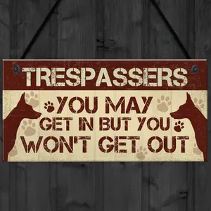 Red Ocean Funny Beware Trespassers Dog Warning Sign House Novelty Pet Dog Gifts Security Wall Gate Hanging Sign