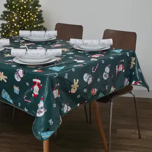 Celebright Festive PVC Tablecloth Set of 2 - Green Jolly Holiday & Santa's Festive Design, 52x90in