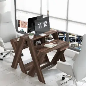 Costway Wooden Computer Desk Home Office Writing Desk with Monitor Stand Riser X-shaped Walnut