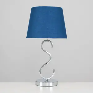 ValueLights Cabonna Sleek Design Chrome Touch Table Lamp with Navy Blue Tapered Light Shade - with 5w LED Candle Bulb